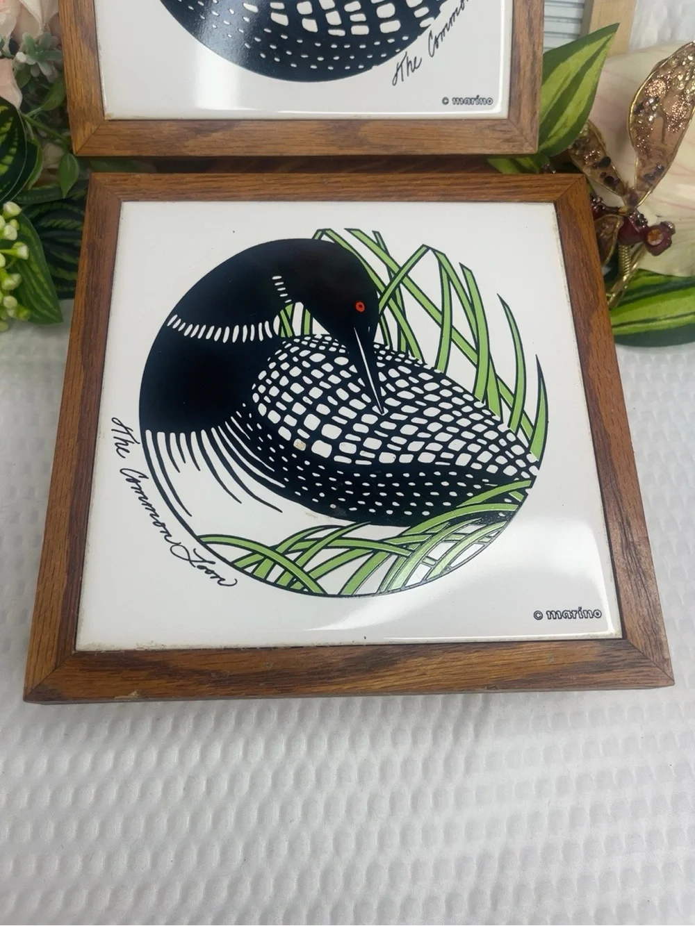 Vintage Marino Common Loon Framed Tile Art Set of 2 Duluth MN Wildlife Decor 7”